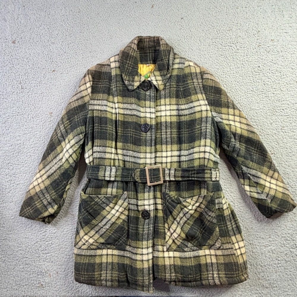Vintage Materia Di Italia Green Plaid Belted Wool Coat Anchor Buttons Size 14 - Picture 1 of 8